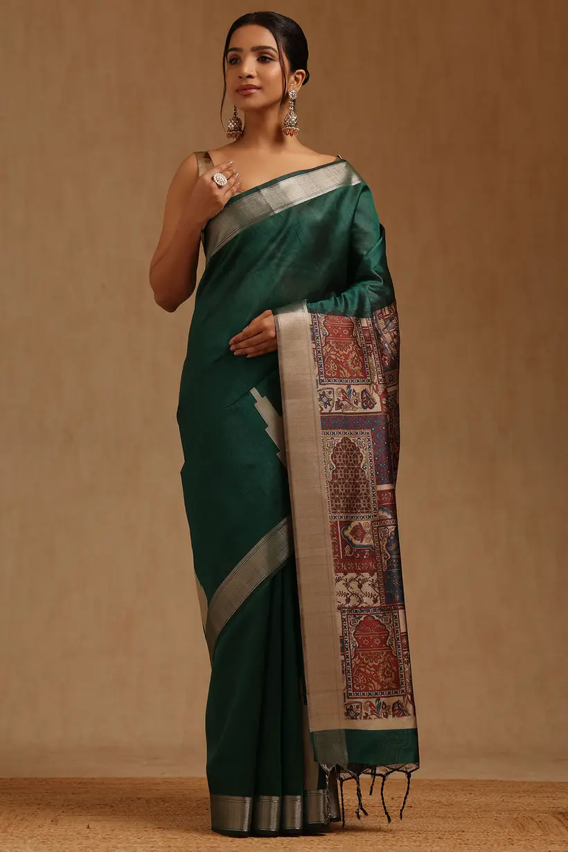 Green Tussar Ethnic Motifs Saree